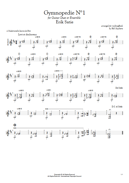 Gymnopédie N°1 in D Erik Satie guitar pro tab AGuitarII Guitar Duet mysongbook